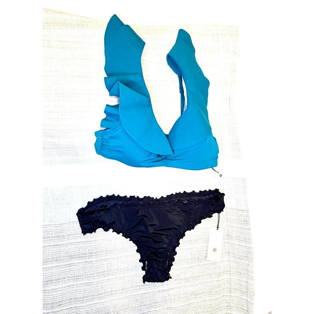 Shade & Shore Ruffle Bralette Bikini Top Teal Blue & Ruffle Cheeky Bottom NwT